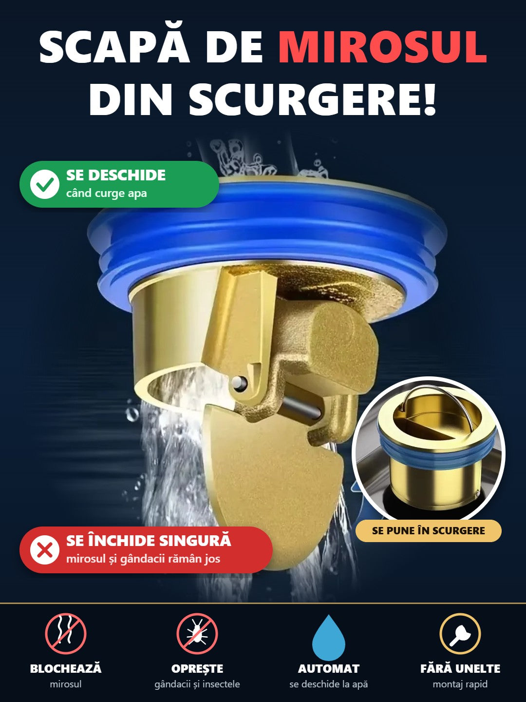 Clapetă anti-miros din alamă pentru scurgere – se deschide când curge apa, se închide singură